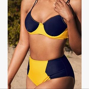 CUPSHE Women's High Waisted Navy Yellow Bikini